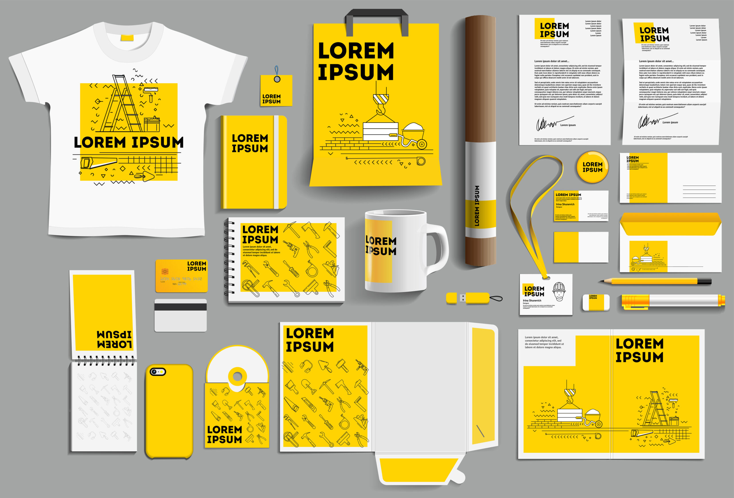 Corporate identity of the construction company. Stock vector mockup set. Template design elements construction company. Illustration of a set of design templates for business construction company